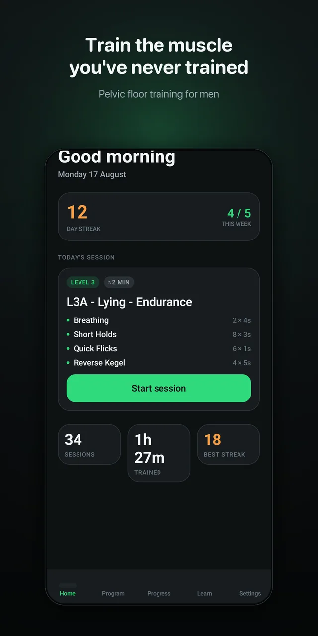 The KegelPro home screen: today’s session listed block by block, with a start button and a count of completed sessions.