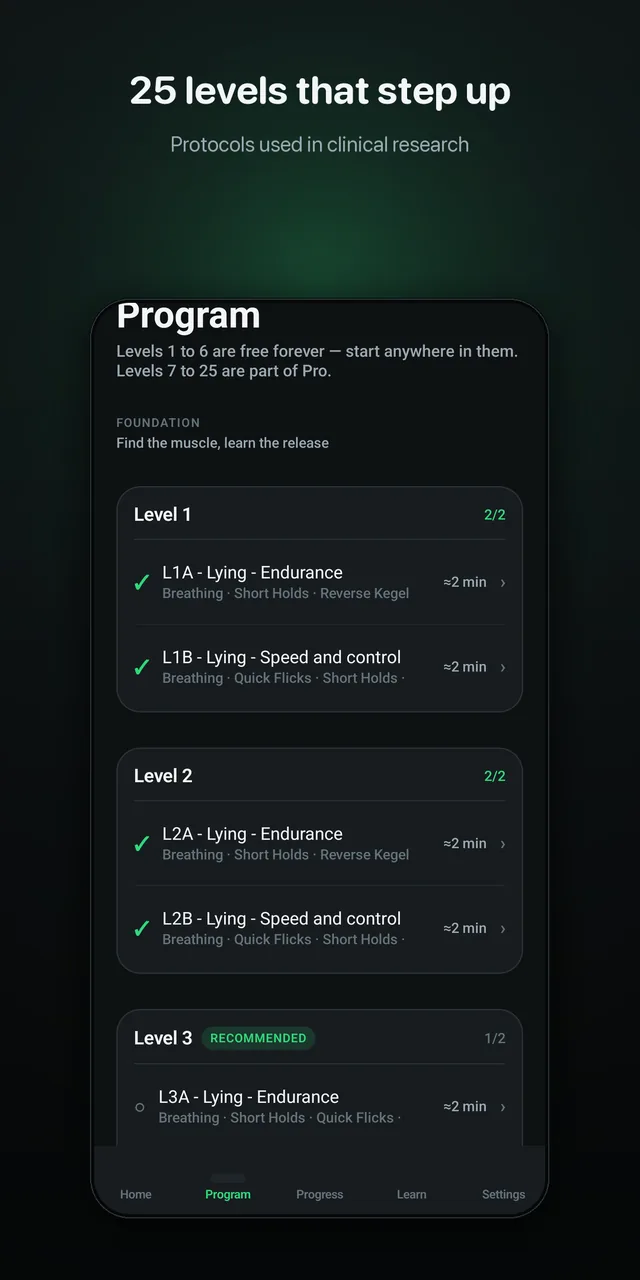 The program screen: levels grouped into phases, with level 1 marked free and the rest part of Pro.