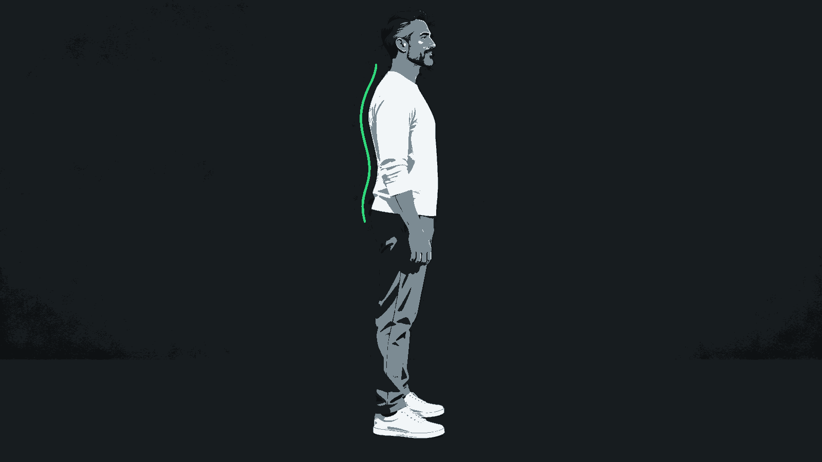 A fully clothed man stands in profile beside a green line following the outside of his back.