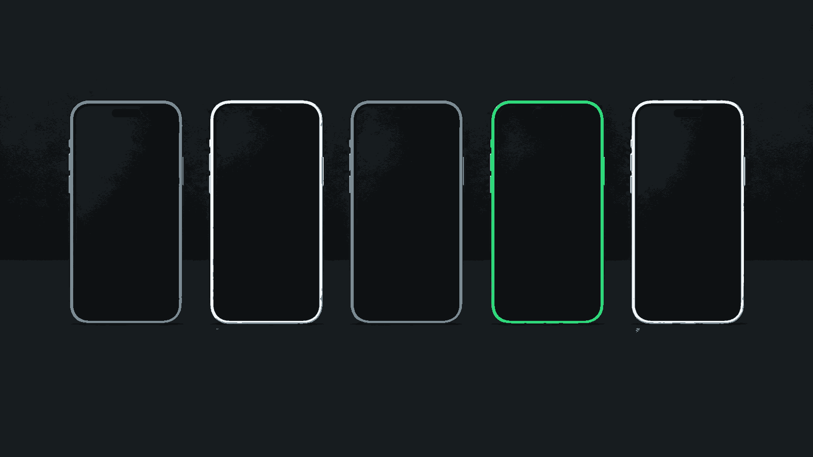 Five identical blank phones stand in a row with one outlined in green.