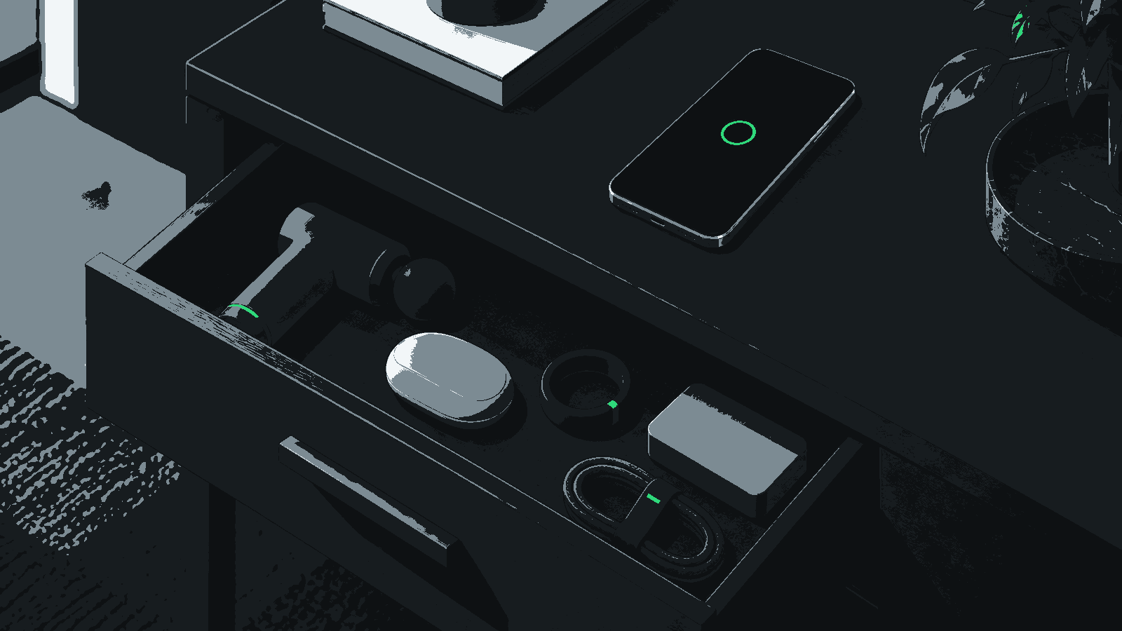 A plain phone sits above a drawer of unused generic wellness gadgets.