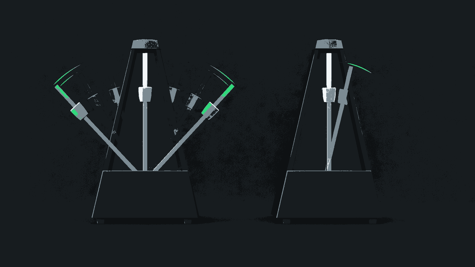 Two metronomes suggest fast and slow rhythms on a dark surface.