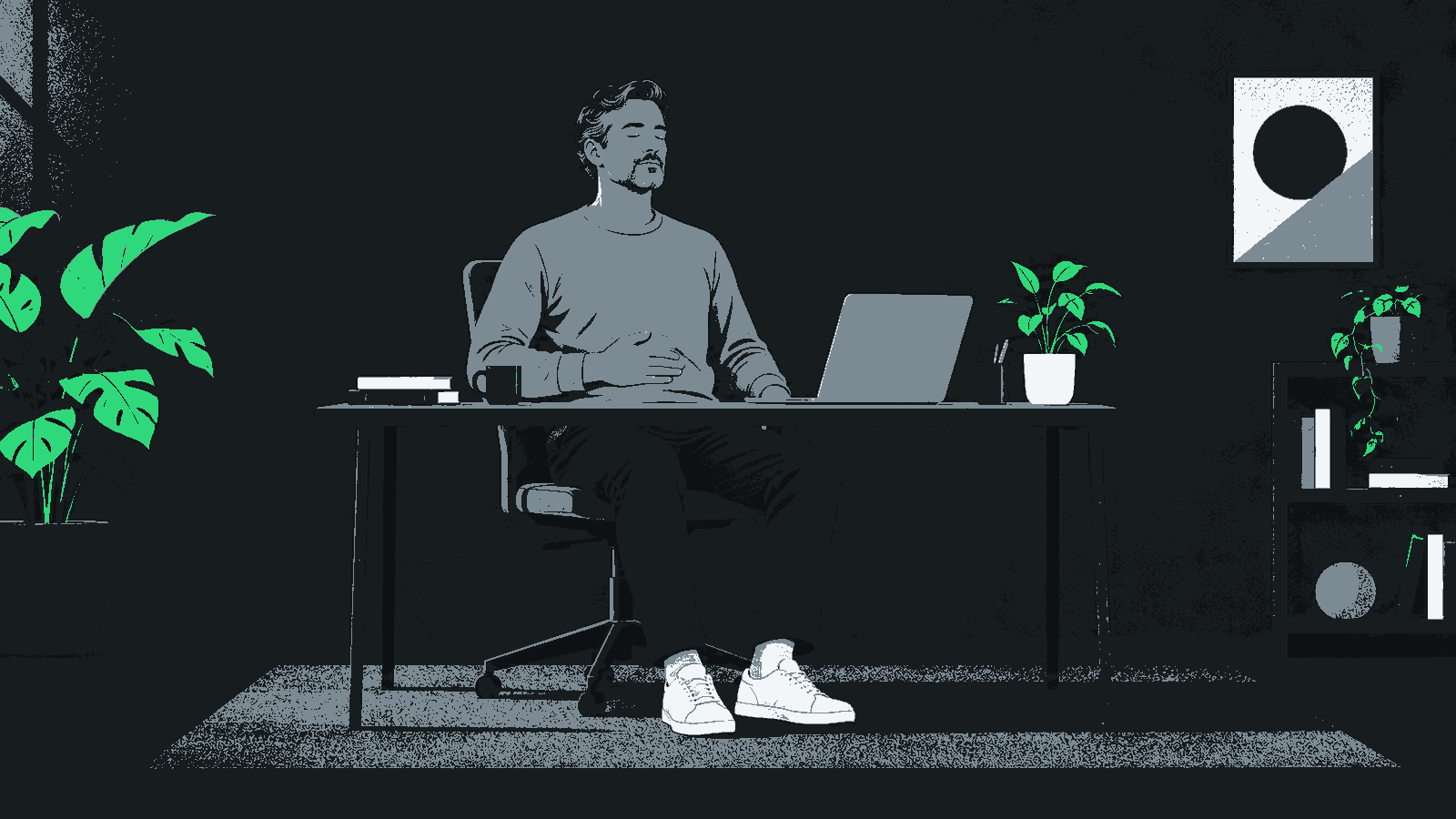 A man at a desk closes his eyes and rests a hand on his lower abdomen.