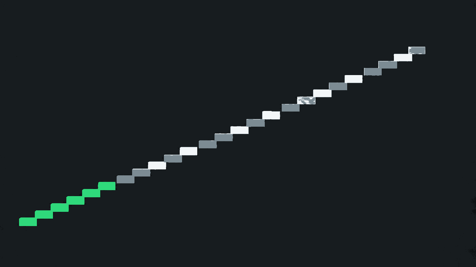 A staircase rises into soft light with its first six steps highlighted in green.