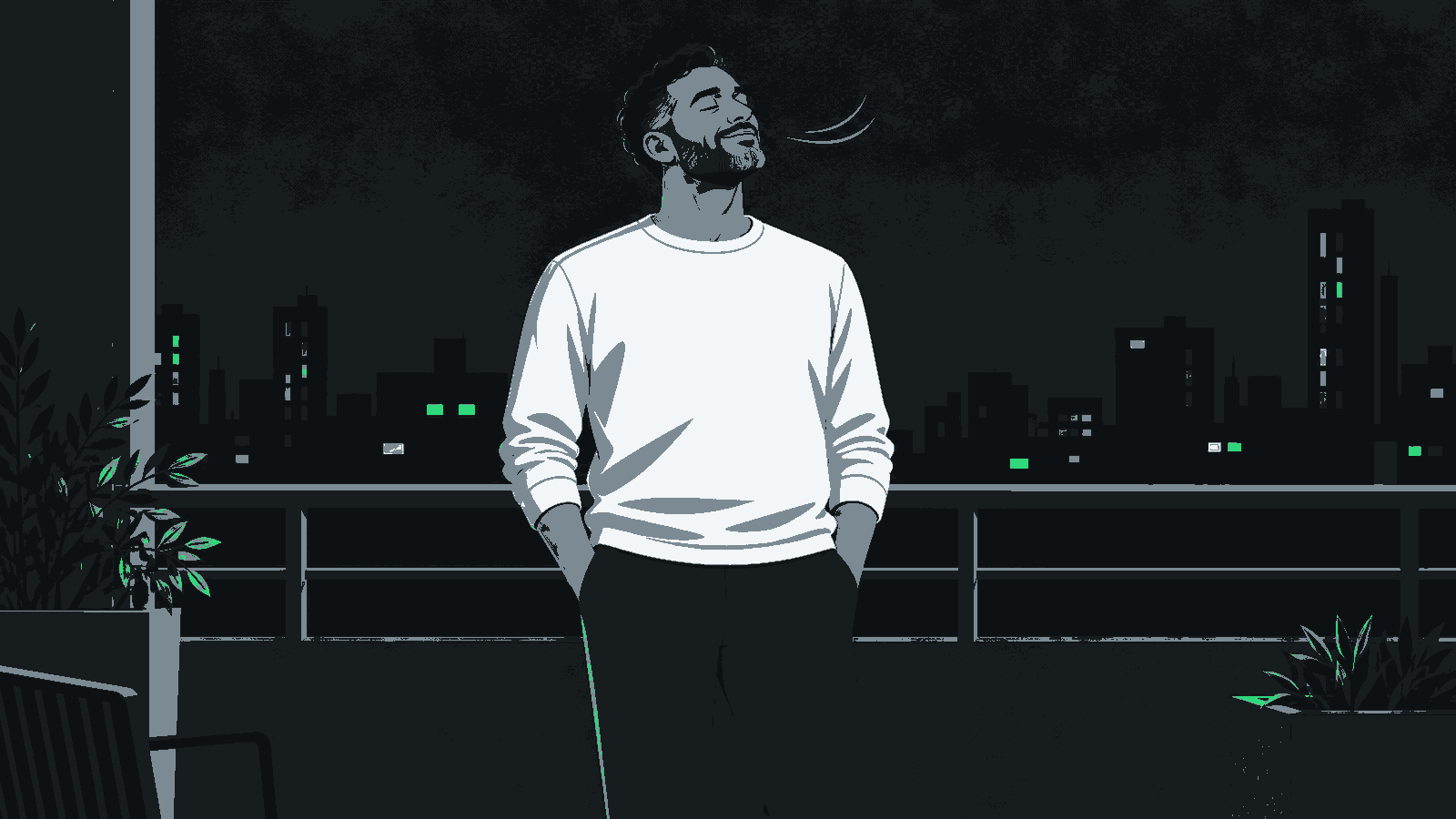A fully clothed man exhales on a balcony at dusk with his shoulders relaxed.