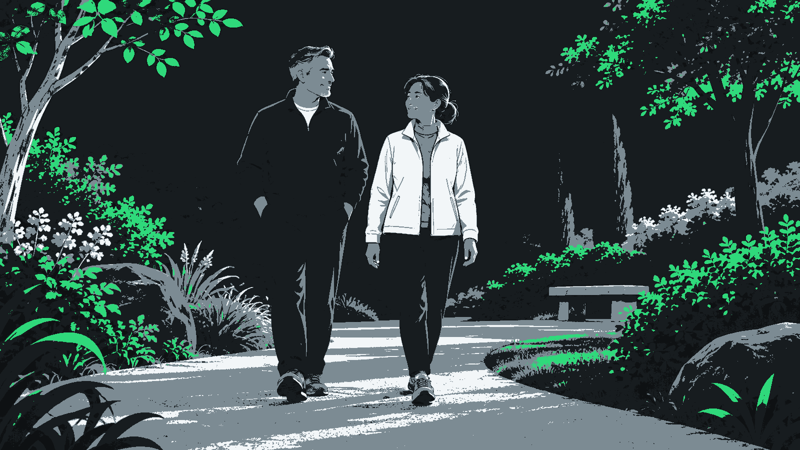A fully clothed man and another person walk together along a garden path.