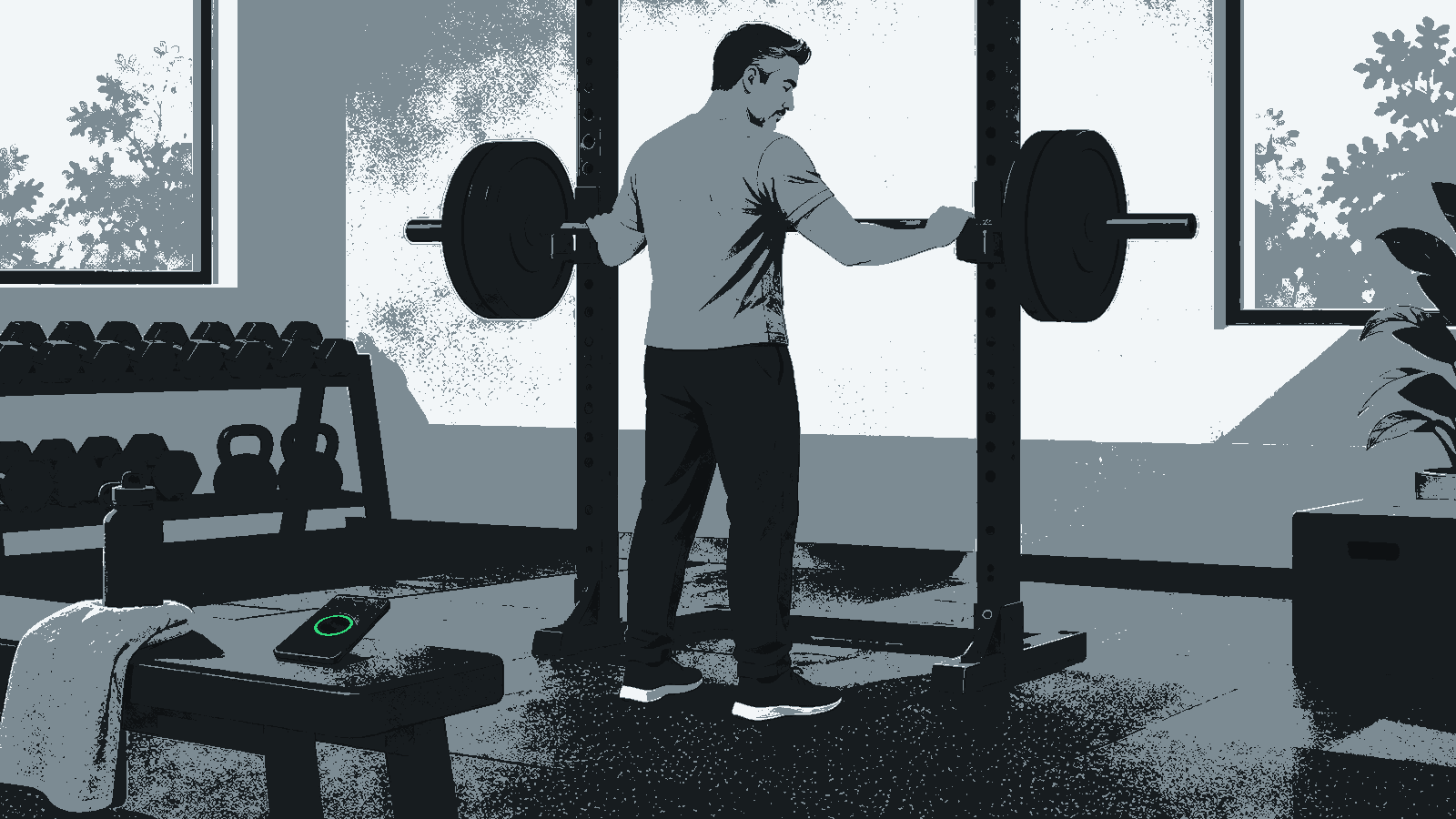 A fully clothed man racks a barbell beside a phone showing a small green ring.