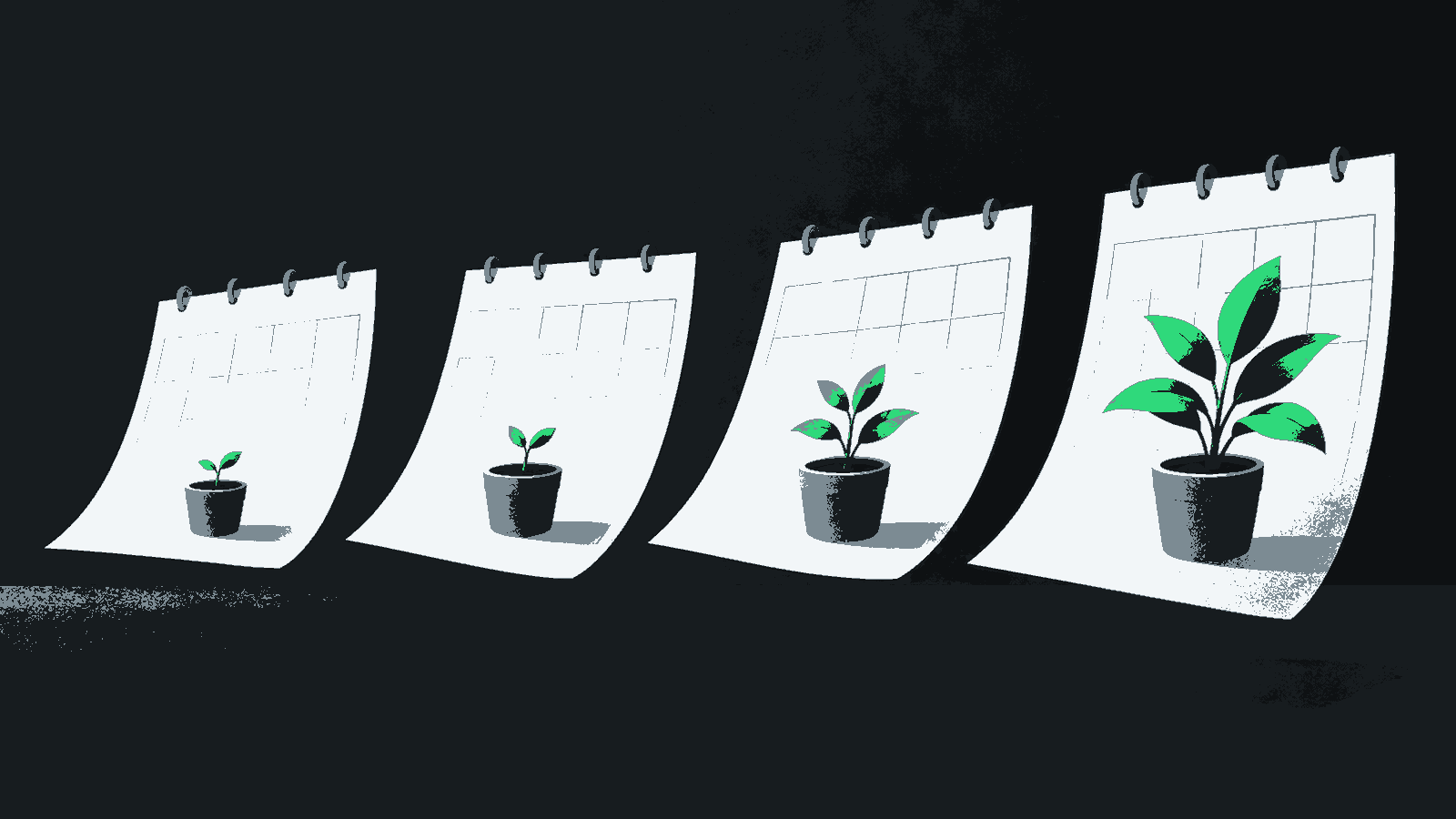 Four calendar pages show a small plant growing across a season.