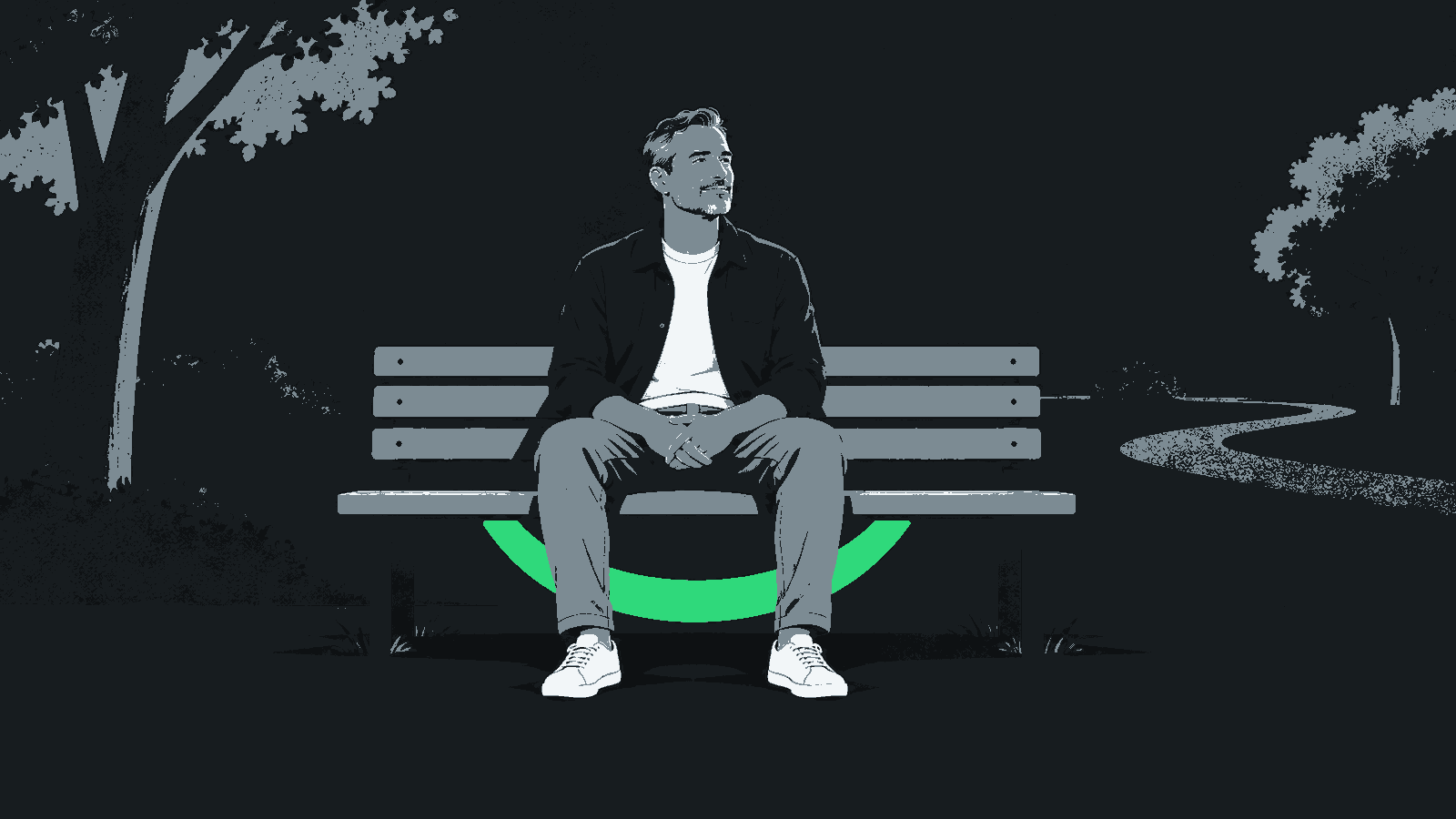 A fully clothed man sits tall on a park bench above an abstract green support arc.