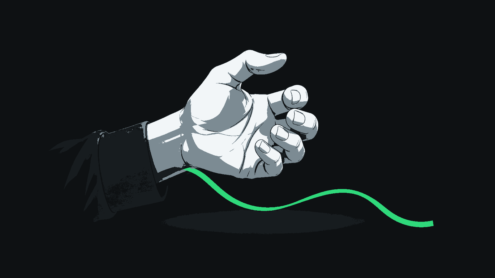 A single hand begins to open from a soft fist as a loose green line falls away.
